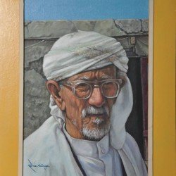 An oil painting titled "Yemeni Contemplation", size 33×47 cm, by artist Abdullah Ghanem.