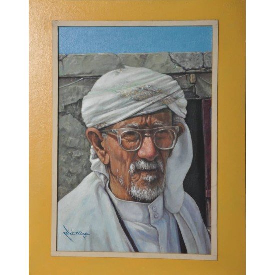 An oil painting titled "Yemeni Contemplation", size 33×47 cm, by artist Abdullah Ghanem.