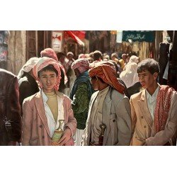 An oil painting on canvas of a girl on a Ramadan afternoon in the old city of Sanaa, size 120×80, by the artist Adnan Jamman