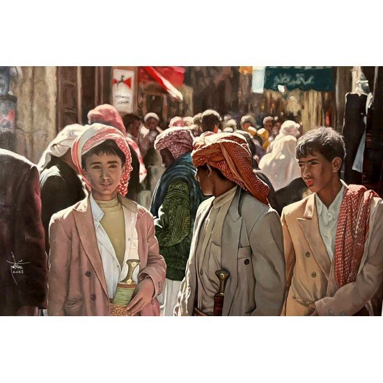 An oil painting on canvas of a girl on a Ramadan afternoon in the old city of Sanaa, size 120×80, by the artist Adnan Jamman