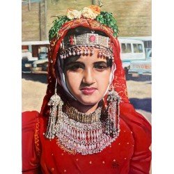 An oil painting on canvas depicting a girl in a Yemeni wedding festival square, measuring 70 × 50 cm, by the visual artist Adnan Jaman.