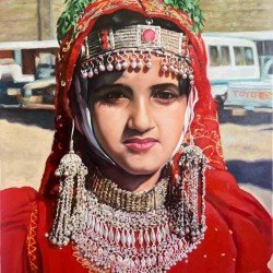 An oil painting on canvas depicting a girl in a Yemeni wedding festival square, measuring 70 × 50 cm, by the visual artist Adnan Jaman.