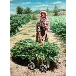 An oil painting on canvas depicting the sugarcane harvest, measuring 70 × 50 cm, by the visual artist Adnan Jaman