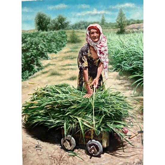 An oil painting on canvas depicting the sugarcane harvest, measuring 70 × 50 cm, by the visual artist Adnan Jaman