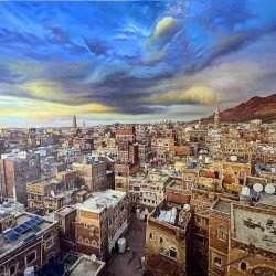 An oil painting on canvas depicting Old Sana’a, measuring 200 × 150 cm, by the visual artist Adnan Jaman.