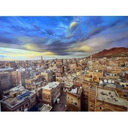 An oil painting on canvas depicting Old Sana’a, measuring 200 × 150 cm, by the visual artist Adnan Jaman.