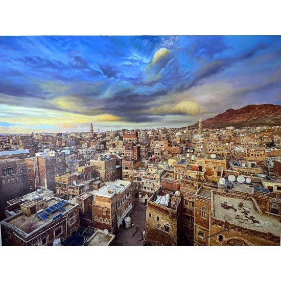An oil painting on canvas depicting Old Sana’a, measuring 200 × 150 cm, by the visual artist Adnan Jaman.