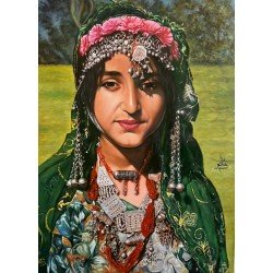An oil painting on canvas depicting a girl from Sana'a wearing traditional Yemeni wedding attire, measuring 70 × 50 cm, by the visual artist Adnan Jaman.