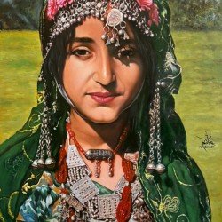 An oil painting on canvas depicting a girl from Sana'a wearing traditional Yemeni wedding attire, measuring 70 × 50 cm, by the visual artist Adnan Jaman.