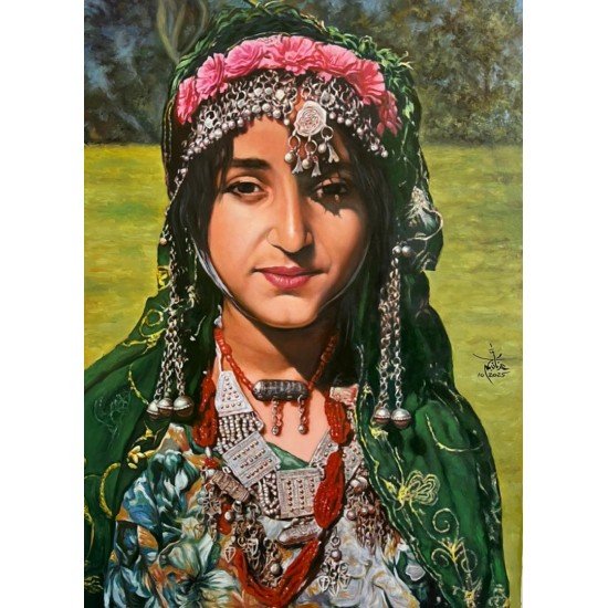 An oil painting on canvas depicting a girl from Sana'a wearing traditional Yemeni wedding attire, by the visual artist Adnan Jaman.