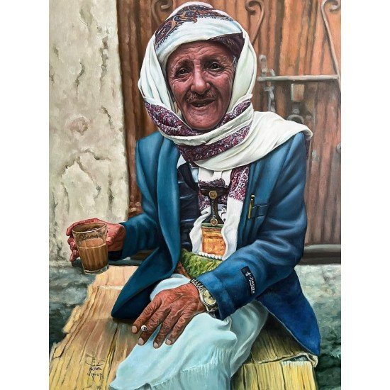 An oil painting on canvas titled Tea Time in the Afternoon in the Old City.