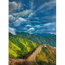 An oil painting on canvas titled "The Road to the Clouds" (70x100 cm) by the capable Yemeni visual artist Adnan Juman.