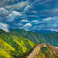 An oil painting on canvas titled "The Road to the Clouds" (70x100 cm) by the capable Yemeni visual artist Adnan Juman.