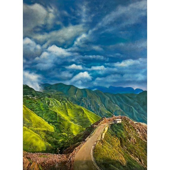 An oil painting on canvas titled "The Road to the Clouds" (70x100 cm) by the capable Yemeni visual artist Adnan Juman. An oil painting on canvas titled "The Road to the Clouds" (70x100 cm) by the capable Yemeni visual artist Adnan Juman.