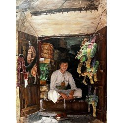 The Janbiya Seller in the Old City"  Oil on canvas, 70x100 cm  By the accomplished Yemeni visual artist, Adnan Juman