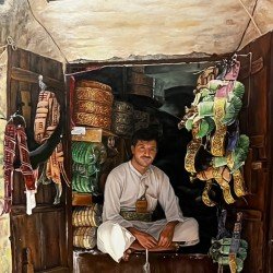 The Janbiya Seller in the Old City"  Oil on canvas, 70x100 cm  By the accomplished Yemeni visual artist, Adnan Juman