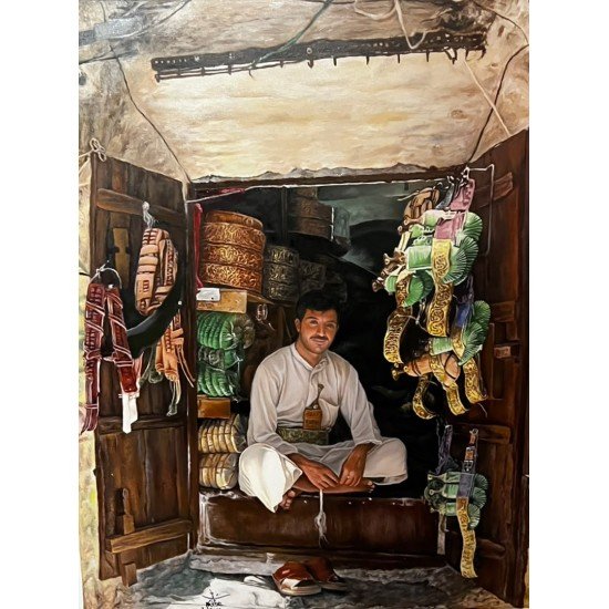 The Janbiya Seller in the Old City" Oil on canvas, 70x100 cm By the accomplished Yemeni visual artist, Adnan Juman The Janbiya Seller in the Old City" Oil on canvas, 70x100 cm By the accomplished Yemeni visual artist, Adnan Juman
