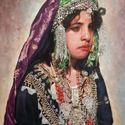 An oil painting on canvas of a young woman in traditional Sana’ani bridal attire at a local celebration, size 70x50, by the renowned Yemeni artist Adnan Juman.
