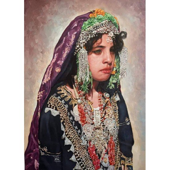 An oil painting on canvas of a young woman in traditional Sana’ani bridal attire at a local celebration, by the esteemed Yemeni artist Adnan Juman.