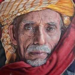 An oil painting on canvas of a man with a red shawl, size 70x50, by the esteemed Yemeni artist Adnan Juman.