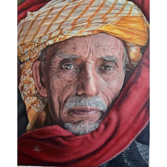 An oil painting on canvas of a man with a red shawl by the renowned Yemeni artist Adnan Juman.