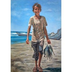 The Little Fisherman" – Oil on Canvas, 70x50 cm, by the eminent Yemeni visual artist Adnan Jumen.