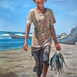 The Little Fisherman" – Oil on Canvas, 70x50 cm, by the eminent Yemeni visual artist Adnan Jumen.