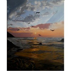 An oil painting titled “Sea”, size 40×50 cm, by artist Asmaa Al-Banna.