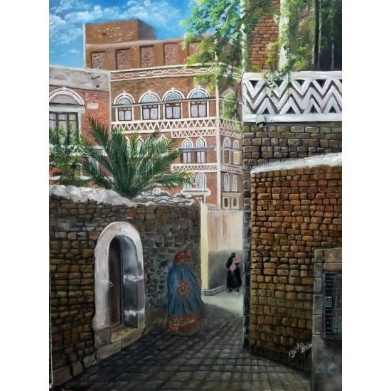 An oil painting titled "Old Sana’a", size 60×80 cm, by artist Doaa Al-Maqaleh.