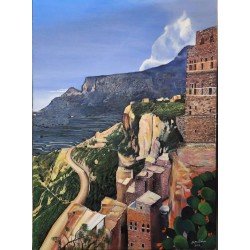 An oil painting titled “Haraz Village”, measuring 70 × 50 cm, by the artist Haitham Al-Hakimi.