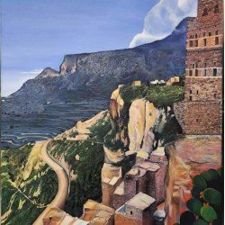 An oil painting titled “Haraz Village”, measuring 70 × 50 cm, by the artist Haitham Al-Hakimi.