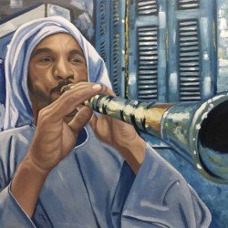 An oil painting on canvas of a flute player, size 120×80 cm, by the artist Harbi Rabie.