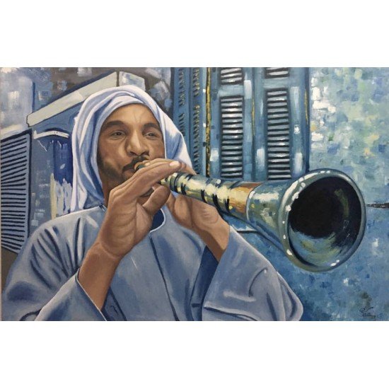 An oil painting on canvas of a flute player, size 120×80 cm, by the artist Harbi Rabie.