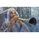 An oil painting on canvas of a flute player, size 120×80 cm, by the artist Harbi Rabie.