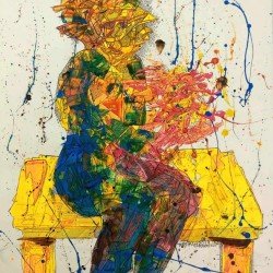 An acrylic and pigment mixed media artwork on Fabriano paper titled “Waiting”, size 50x70 cm, by the esteemed Egyptian visual artist Hesham Makhlouf Khalaf.