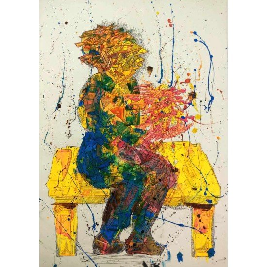 An acrylic and pigment mixed media artwork on Fabriano paper titled “Waiting”, size 50x70 cm, by the esteemed Egyptian visual artist Hesham Makhlouf Khalaf.