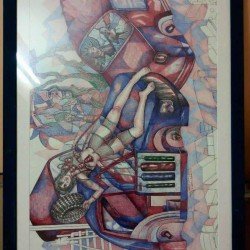 An artwork in dry pens on Fabriano paper titled “Accident”, size 100x70, by the esteemed Egyptian visual artist Hesham Makhlouf Khalaf.