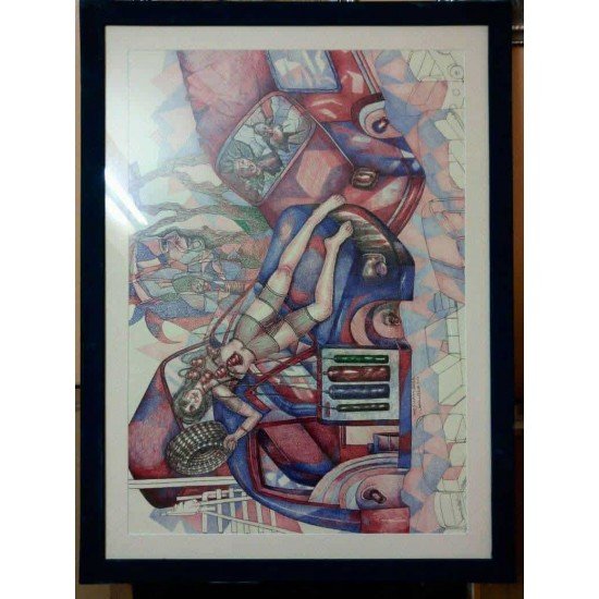 An artwork in dry pens on Fabriano paper titled “Accident”, size 100x70, by the esteemed Egyptian visual artist Hesham Makhlouf Khalaf.