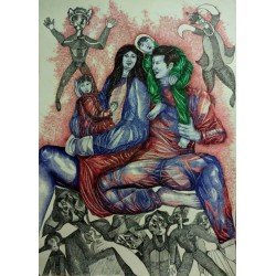An artwork in ballpoint pens on Fabriano paper titled “The Family”, size 100x70, by the esteemed Egyptian visual artist Hisham Makhlouf Khalaf.