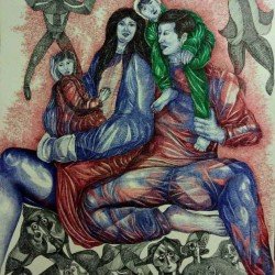 An artwork in ballpoint pens on Fabriano paper titled “The Family”, size 100x70, by the esteemed Egyptian visual artist Hisham Makhlouf Khalaf.
