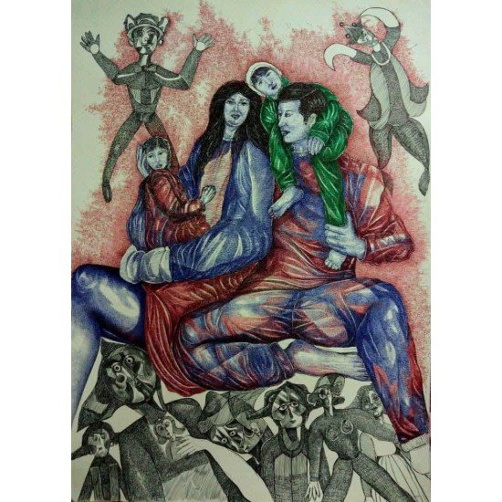 An artwork in ballpoint pens on Fabriano paper titled “The Family”, size 100x70, by the esteemed Egyptian visual artist Hisham Makhlouf Khalaf.