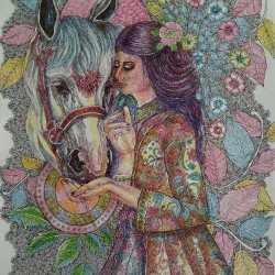 An artwork in ballpoint pen on Fabriano paper, titled “She and the Horse”, size 50x70, by the esteemed Egyptian visual artist Hisham Makhlouf Khalaf.