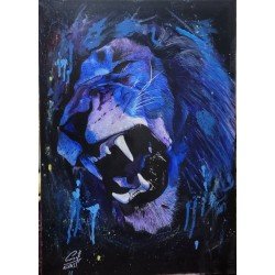 An acrylic painting titled “The Roar of the King”, measuring 50 × 70 cm, by the artist Mahmoud Al-Haj.