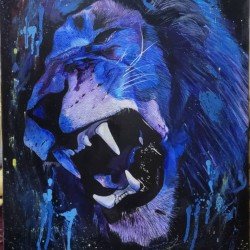 An acrylic painting titled “The Roar of the King”, measuring 50 × 70 cm, by the artist Mahmoud Al-Haj.