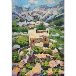 An acrylic painting titled “Landscape”, size 50×75 cm, by artist Radfan Al-Mohammedi.