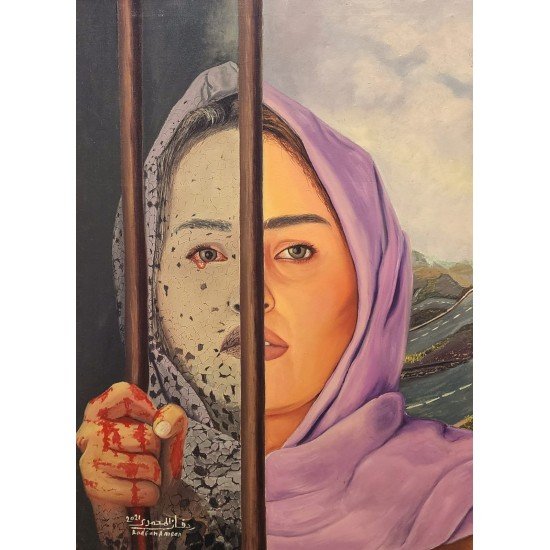 An oil painting titled “Between and Between”, size 50×70 cm, by the artist Radfan Al-Mohammadi.