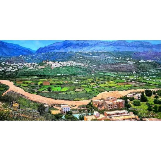 acrylic painting titled “Wadi Bana”, measuring 160 × 325 cm, by the visual artist Redfan Al-Mohammadi.