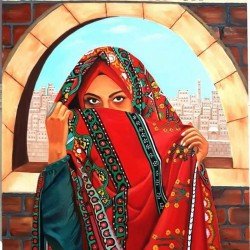 An oil painting titled "Sana’a Embraced Every Art" (100x70 cm) by artist Salwa Al-Bashari.