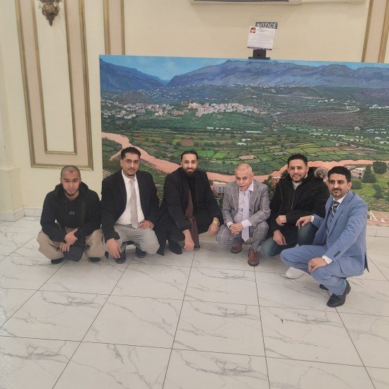 acrylic painting titled “Wadi Bana”, measuring 160 × 325 cm, by the visual artist Redfan Al-Mohammadi.