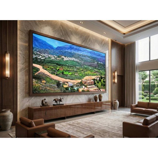 acrylic painting titled “Wadi Bana”, measuring 160 × 325 cm, by the visual artist Redfan Al-Mohammadi.